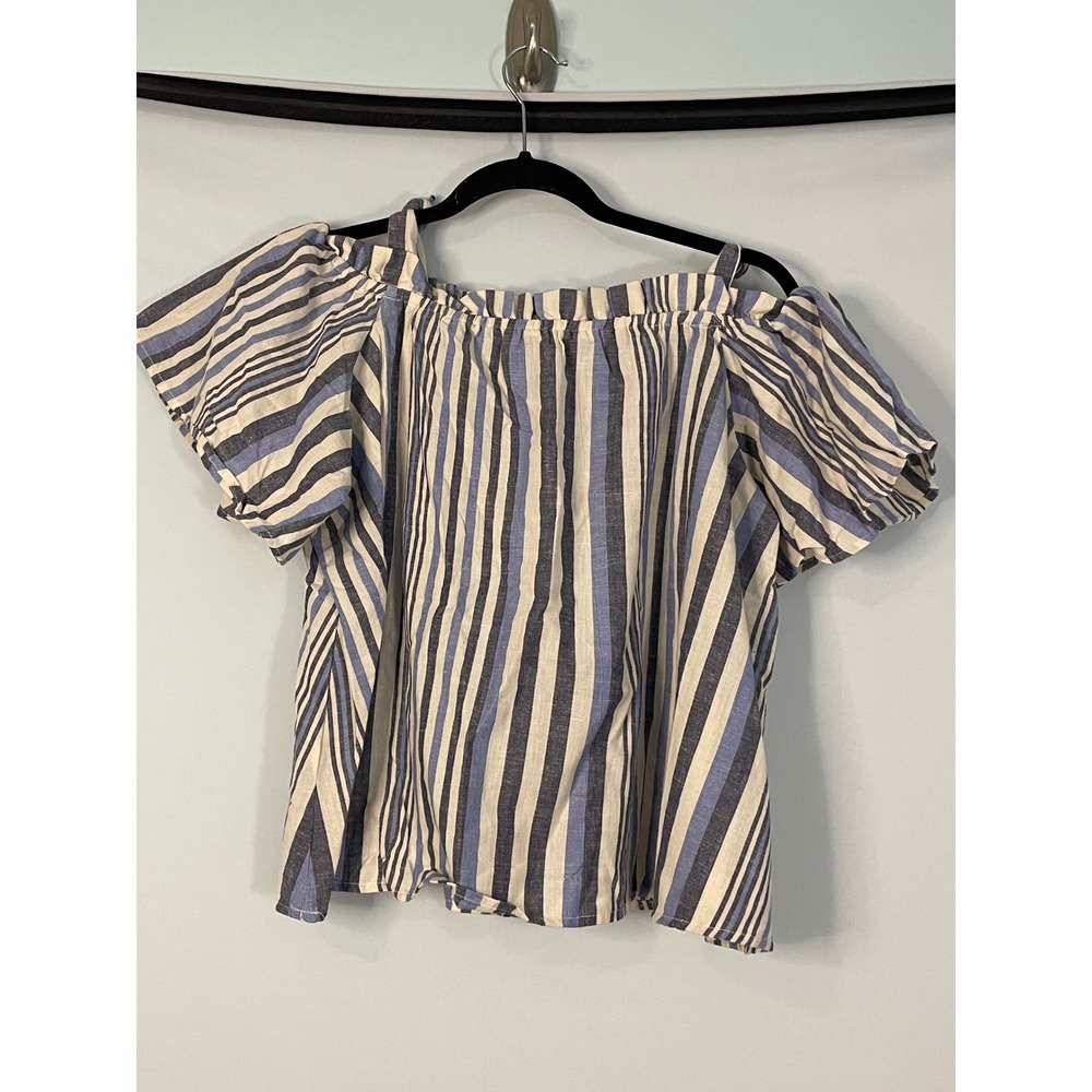 NWT ANGIE Blue White Stripe Off Shoulder Tie Shoulder Top Women's Size L